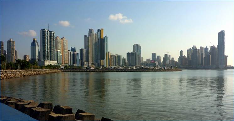 Panama City skyline seen from waterfront.